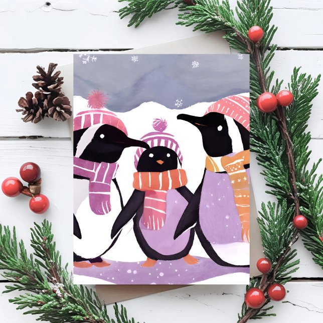 Jul Penguin Friends | Winter Watercolor Vykort (Skapare uppladdad)