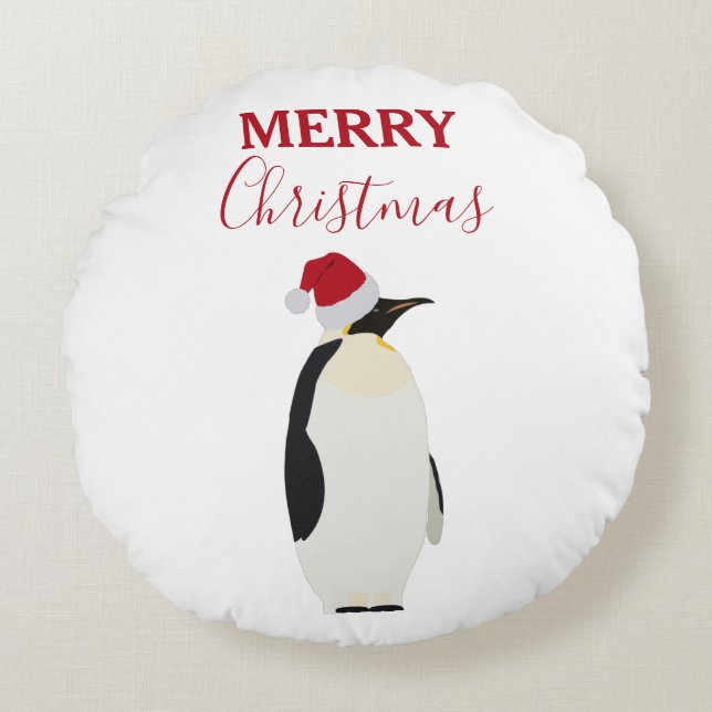 Jul Penguin Funny Animal med Santa Hat Rund Kudde (Framsidan)