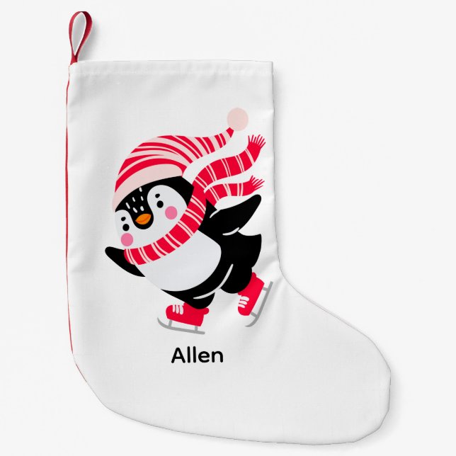 Jul Penguin i Hat och Scarf på Skates Liten Julstrumpa (Framsidan)