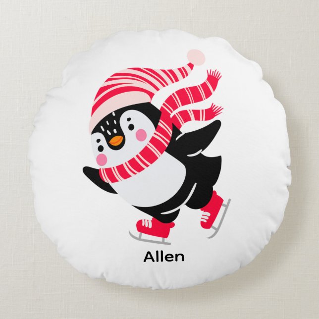 Jul Penguin i Hat och Scarf på Skates Rund Kudde (Framsidan)