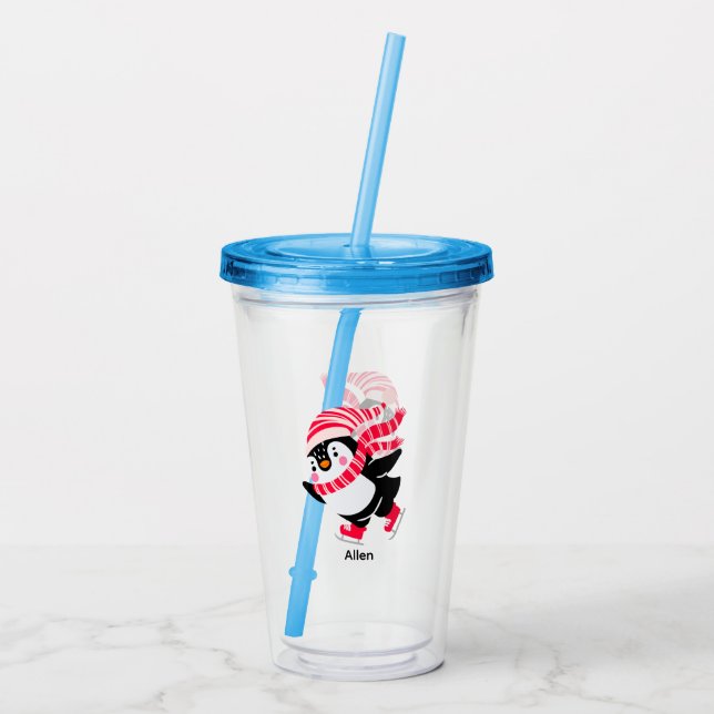 Jul Penguin i Hat och Scarf på Skates Take Away Mugg (Baksida)