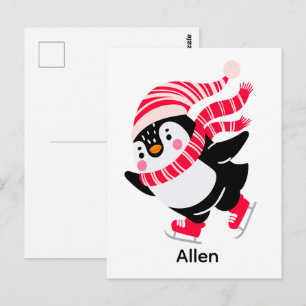 Jul Penguin i Hat och Scarf på Skates Vykort