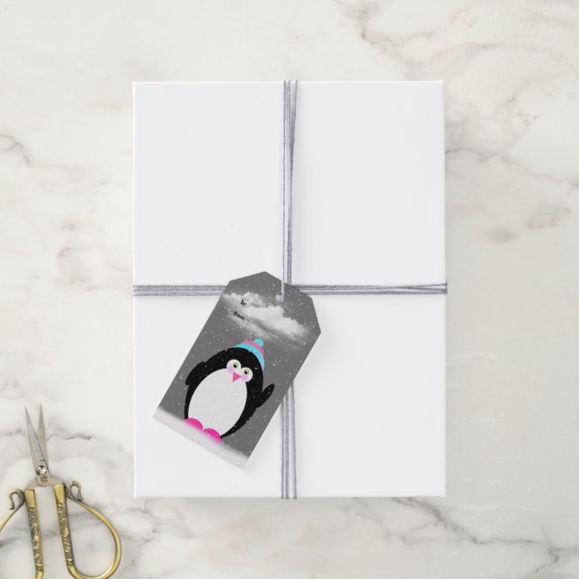 Jul Penguin i Snöflingor Presentetikett (Med Snöre)