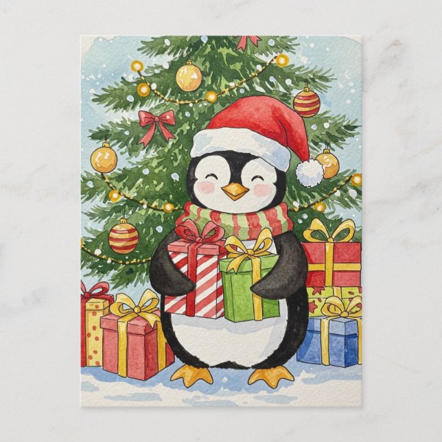 Jul Penguin Julkort Vattenfärg Högtidskort Vykort (Framsida)