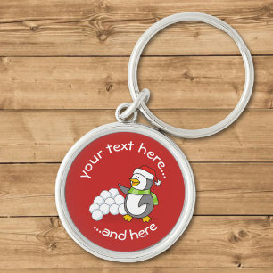 Jul Penguin med Snö Bollar Wave Keychain Rund Silverfärgad Nyckelring