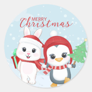 Jul Penguin och Bunny Runt Klistermärke