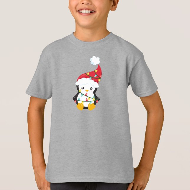 Jul Penguin, Santa Hat, Jul Ljus T Shirt (Framsida)