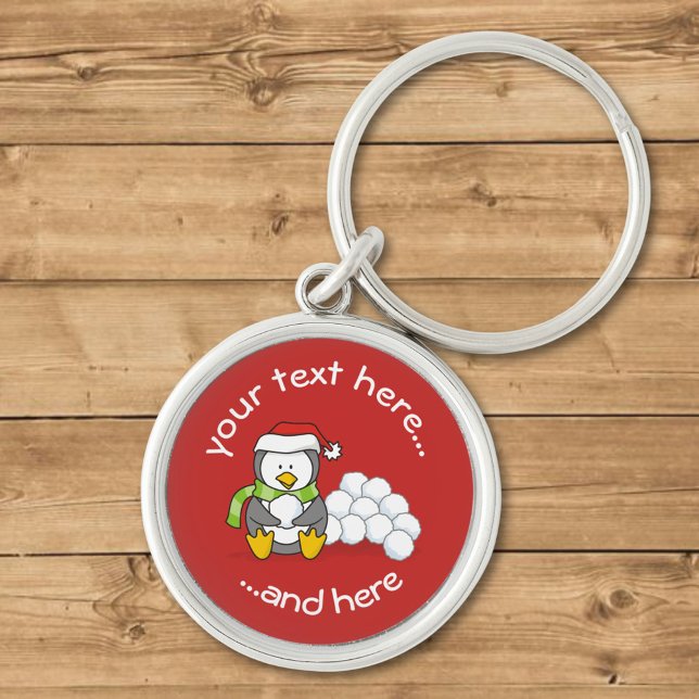 Jul Penguin Sitta med Snö Bollar Keychain Rund Silverfärgad Nyckelring (Skapare uppladdad)