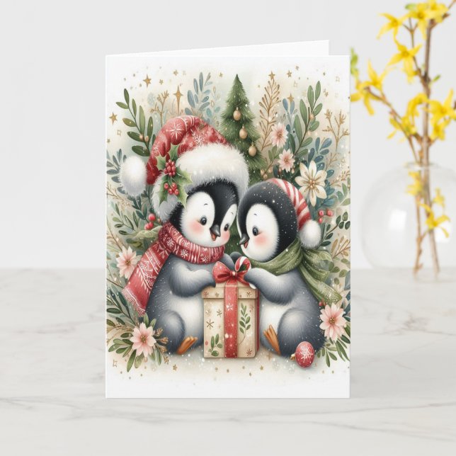 Jul Penguins 5 Kort (Gul blomma)