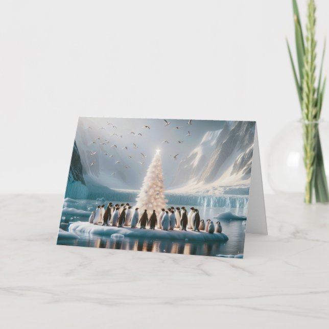 Jul Penguins Around a White Träd Helgkort (Framsida)