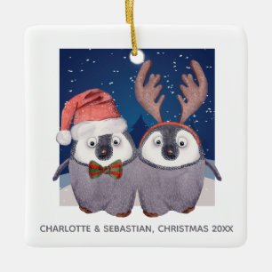 Jul Penguins Cute Santa och Reindeer par Julgransprydnad Keramik