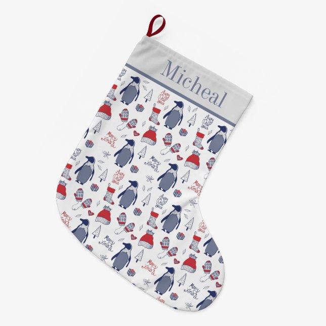 Jul Penguins Hats Handskar Mönster Stor Julstrumpa (Framsidan (Hängande))