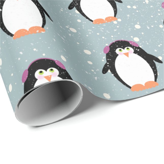 Jul Penguins i Snöflingor Presentpapper (Rullad Hörn)