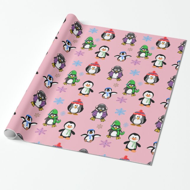Jul Penguins och Snöflingor Gift Wrap Presentpapper (Utrullad)