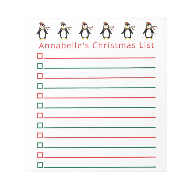 Jul Penguins Shopping List Personalize Anteckningsblock (Framsida)