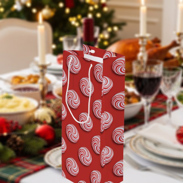 Jul Peppermint Candy Festive Vin Gift Bag (Bright red peppermint candy swirls pattern on this Christmas wine gift bag. Fun and festive!)