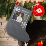 Jul Photo Chalkboard Distress Snöflingor Liten Julstrumpa<br><div class="desc">Fotolagring med namn och nödlidande snöflingor. Lätt att ändra bakgrunden till färg.</div>