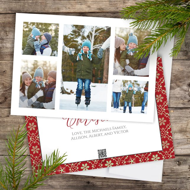 Jul Photo Collage Red Grönt Snowflake Julkort (Merry Christmas Calligraphy Script holiday multi photo card with elegant snowflake pattern)