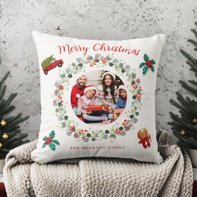 Jul Photo Helgdag, andningsbrist Kudde (Christmas Photo Holiday Wreath Festive Throw Pillow)