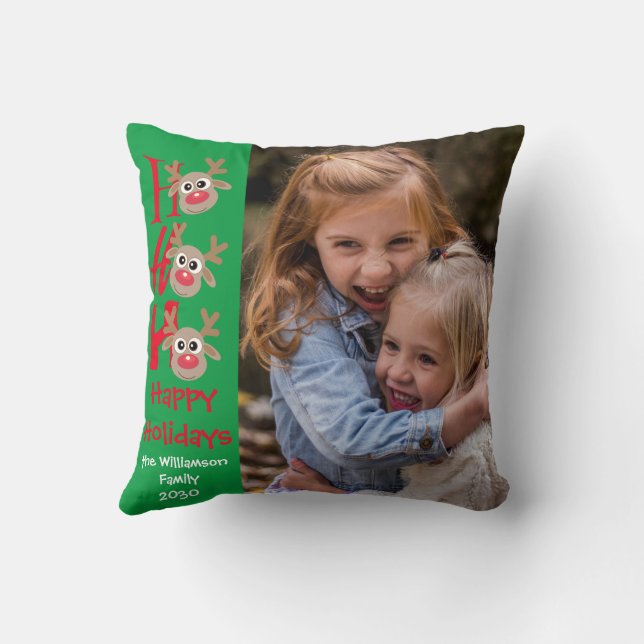 Jul Photo Ho Ho Ho Tecknad Reindeer Grönt Kudde (Baksida)