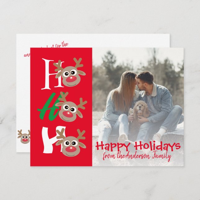 Jul Photo Ho Ho Ho Tecknad Reindeer Red Julkort (Fram/baksida)