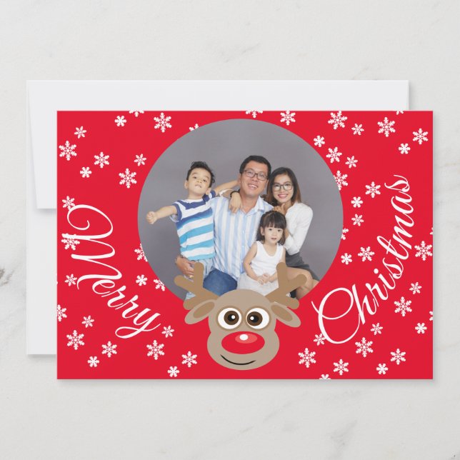 Jul Photo Red Cute Reindeer White Script Julkort (Framsida)