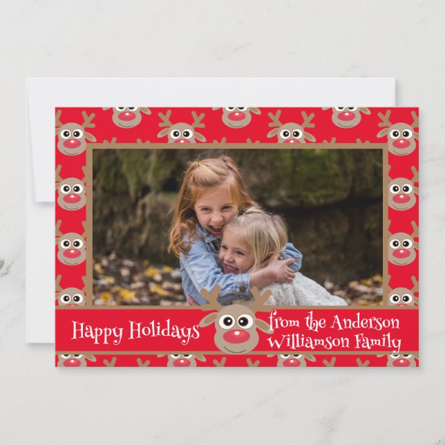 Jul Photo Red White Cute Reindeer Mönster Julkort (Framsida)