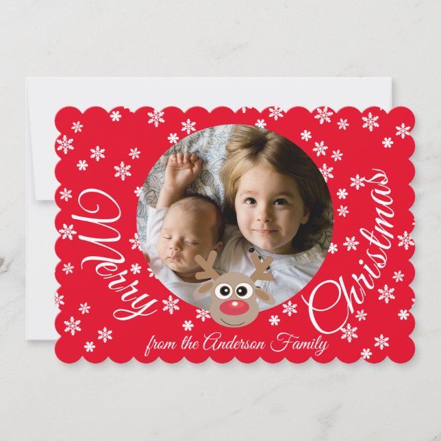 Jul Photo Red White Script Cute Reindeer Julkort (Framsida)
