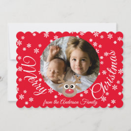 Jul Photo Red White Script Cute Reindeer Julkort
