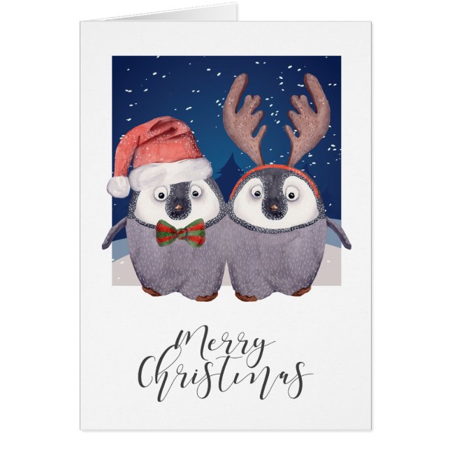Jul Pingvin Par Söt Tomte och Ren Hälsningskort (Framsidan)