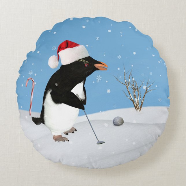 Jul pingvin som leker Golf Rund Kudde (Framsidan)