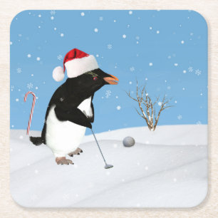 Jul pingvin som leker Golf Underlägg Papper Kvadrat