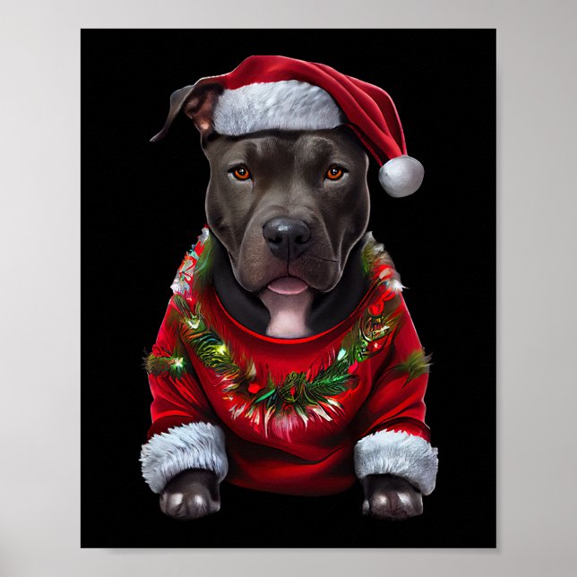 Jul Pitbull Hund Vid Julafton Santas Hat & Sw Poster (Framsidan)