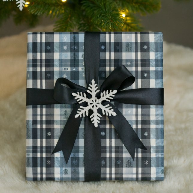Jul Plaid Snöflinga & Träd  Presentpapper (Christmas Plaid Wrapping Paper Snowflake & Tree Design)