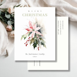 Jul Poinsettia Berries Foliage Watercolor Helg Vykort
