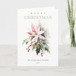 Jul Poinsettia Berries Foliage Watercolor Helgkort