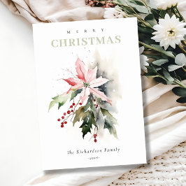 Jul Poinsettia Berries Foliage Watercolor Julkort