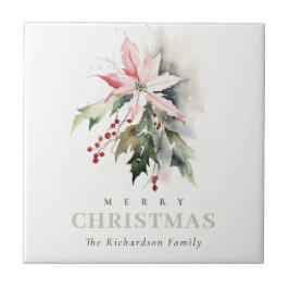 Jul Poinsettia Berries Foliage Watercolor Kakelplatta