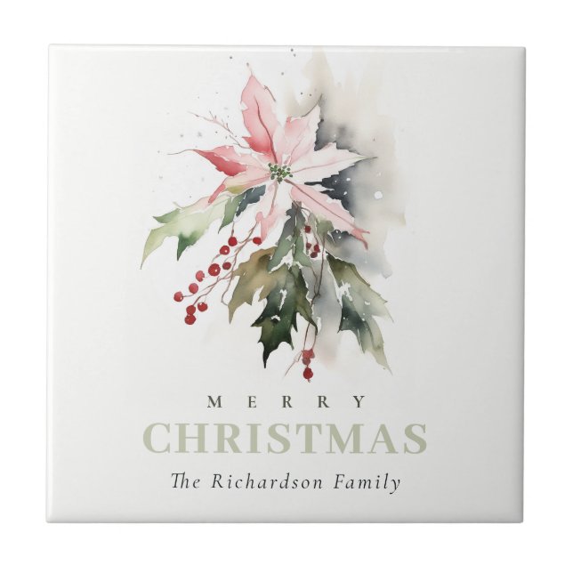 Jul Poinsettia Berries Foliage Watercolor Kakelplatta (Framsidan)