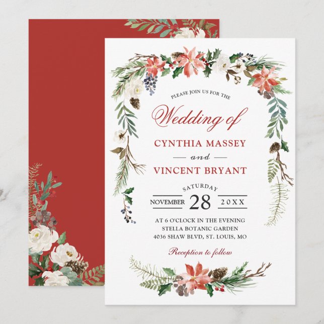 Jul Poinsettia Blommigt Arch Winter Wedding Inbjudningar (Fram/baksida)