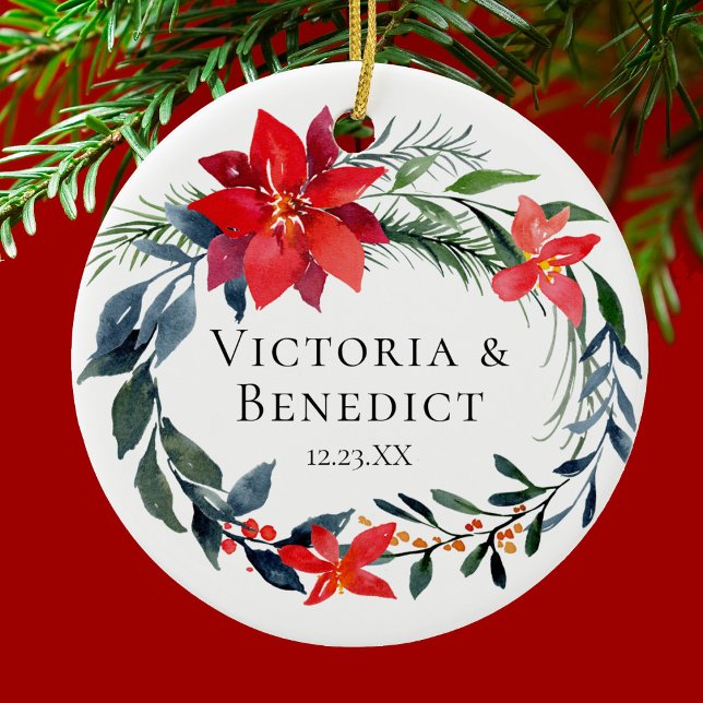 Jul Poinsettia Blommigt Bröllop par Photo Julgransprydnad Keramik (Skapare uppladdad)