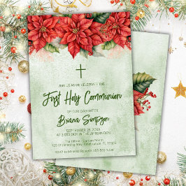 Jul Poinsettia Blommigt Första Heligan Kommunision Inbjudningar