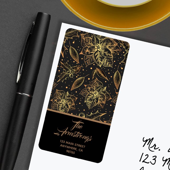 Jul Poinsettia Blommigt Helgdag Adress Adressetikett (Gold Christmas poinsettias floral holiday return address labels)