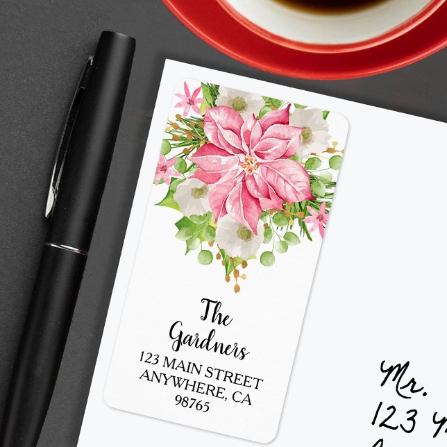 Jul Poinsettia Blommigt Helgdag Adress Adressetikett (Christmas Pink Poinsettia Floral Holiday Address Labels)