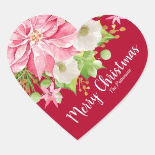 Jul Poinsettia Blommigt Red Helgdag Hjärtformat Klistermärke