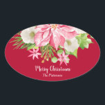 Jul Poinsettia Blommigt Red Helgdag Ovalt Klistermärke<br><div class="desc">En stor rosa poinsettia,  vinterblommor,  gräs grenar och grönt löv på rött,  dessa ovala helgdag julklistermärken är roligt för party favors,  kuvertförseglingar,  presentemballering,  bakade varor,  godis och vårtsetiketter. MATCHING-objekt i vår butik.</div>