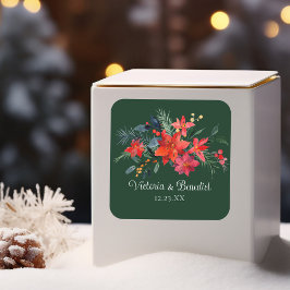 Jul Poinsettia Elegant Blommigt Grönt Bröllop Fyrkantigt Klistermärke