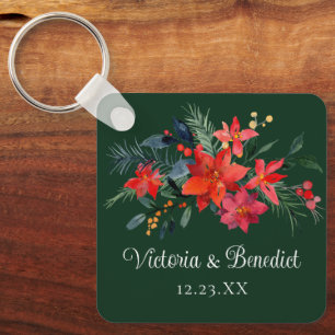 Jul Poinsettia Elegant Blommigt Grönt Bröllop Nyckelring