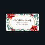 Jul Poinsettia Eucalyptus Elegant Guld Ram Adressetikett<br><div class="desc">Jul- och vintern-adressetiketterna visar en vattenfärgsdesign med eleganten guld ram,  försedd med grönt Eucalyptus,  rött och rosa Poinsettias och bär. _</div>