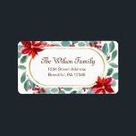 Jul Poinsettia Eucalyptus Elegant Guld Ram Adressetikett<br><div class="desc">Jul- och vintern-adressetiketterna visar en vattenfärgsdesign med eleganten guld ram,  försedd med grönt Eucalyptus,  rött och rosa Poinsettias och bär. _</div>